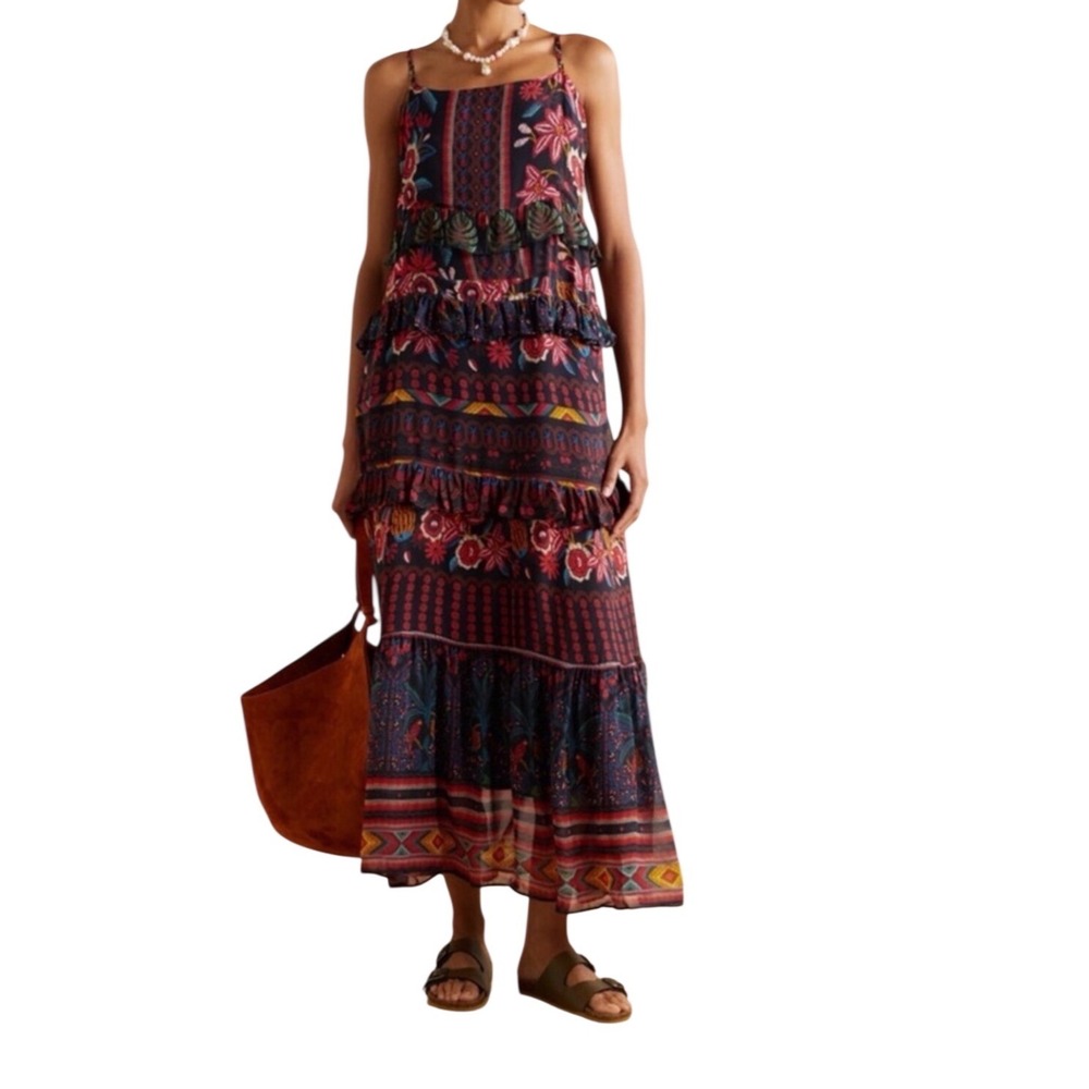 Farm Rio Fruit Paradise Tiered Maxi Dress S Black Floral Ruffle Sleeveless Boho